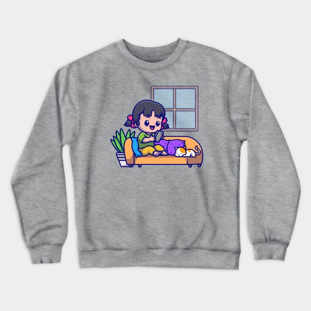 Cute Girl Operating Phone With Cat Cartoon Crewneck Sweatshirt by Catalyst Labs